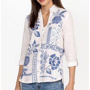 Johnny Was White and Blue Embroidered Linen Shirt